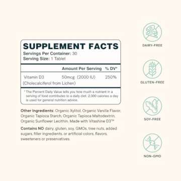 Ora Organic Vitamin D3 2000IU - Vegan Vitamin D Chewables from Lichen for Bone Health, Immune Support, & Mood | Maximum Absorption - 1 Month Supply, 30 Vegan Chewable Vanilla Tablets