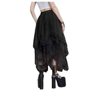 SHENHE Women's Lace Trim Layered Mesh Tulle Skirt High Waist Asymmetrical Long Goth Skirt Black L