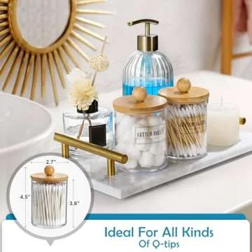 VITEVER 2 Pack Qtip Holder Dispenser with Bamboo Lids - 10 oz Clear Plastic Apothecary Jar Containers for Vanity Makeup Organizer Storage - Bathroom Accessories Set for Cotton Swab, Ball, Pads, Floss