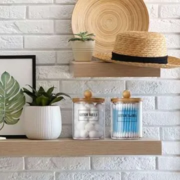 VITEVER 2 Pack Qtip Holder Dispenser with Bamboo Lids - 10 oz Clear Plastic Apothecary Jar Containers for Vanity Makeup Organizer Storage - Bathroom Accessories Set for Cotton Swab, Ball, Pads, Floss