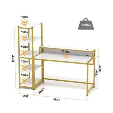 Teraves Computer Desk with 5 Tier Shelves,Reversible Writing Desk with Storage 49 Inch Study Table for Home Office Independent Bookcase and Desk for Multiple Scenes (Desk+Shelves, White+Gold Frame)