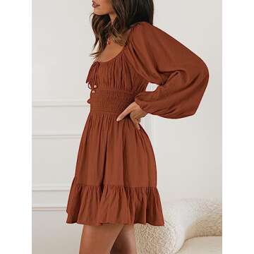 LILLUSORY Women's Long Sleeve Mini Dresses 2024 Fall Square Neck Cottagecore Casual Smocked Flowy Short Dress Caramel S