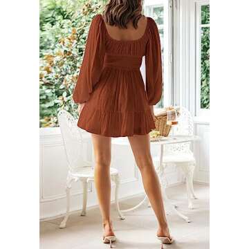LILLUSORY Women's Long Sleeve Mini Dresses 2024 Fall Square Neck Cottagecore Casual Smocked Flowy Short Dress Caramel S