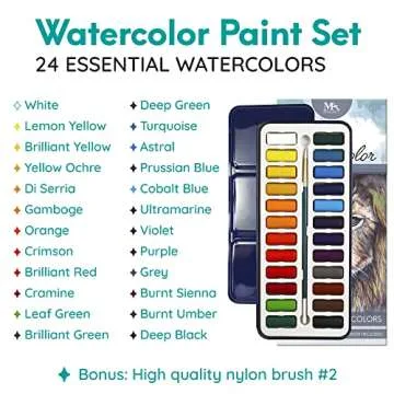 MozArt Supplies Watercolor Paint Essentials Set - Lightweight and Portable Metal Box - Lid Has 3 Partitions for Color Mixing - Easy-to-Blend Non-Toxic Formulation - 24 Vibrant Colors with Paintbrush