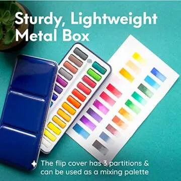 MozArt Supplies Watercolor Paint Essentials Set - Lightweight and Portable Metal Box - Lid Has 3 Partitions for Color Mixing - Easy-to-Blend Non-Toxic Formulation - 24 Vibrant Colors with Paintbrush