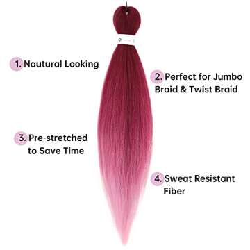 Ombre Red Pre-Stretched 26 Inch Braiding Hair Extensions - Hot Water Setting, Soft Yaki Synthetic, 6...