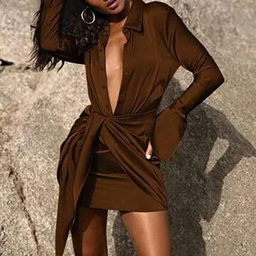 Adogirl Sexy Satin Shirt Dress for Women Summer Long Sleeve Button Down V Neck Tie Waist Ruched Wrap Mini Dress Party Club Formal Outfits Coffee