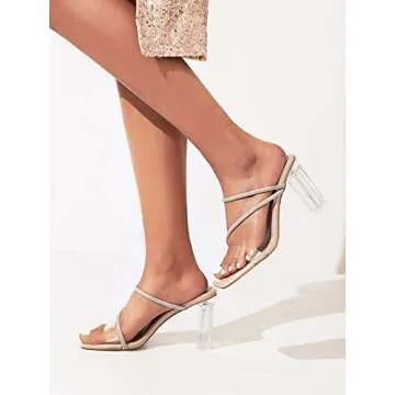 Vivianly Women's Rhinestone Square Toe Sandals