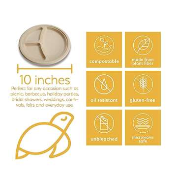 100% Compostable Disposable Paper Plates Bulk [10" 3-Comp 50 Pack], Bamboo Plates, Eco Friendly, Bio...