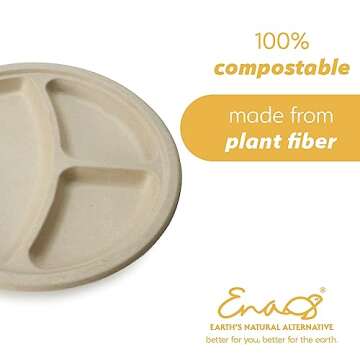 100% Compostable Disposable Paper Plates Bulk [10" 3-Comp 50 Pack], Bamboo Plates, Eco Friendly, Biodegradable, Sturdy Large Dinner Party Plates, Heavy-Duty, Unbleached by Earth's Natural Alternative