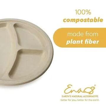 100% Compostable Disposable Paper Plates Bulk [10" 3-Comp 50 Pack], Bamboo Plates, Eco Friendly, Biodegradable, Sturdy Large Dinner Party Plates, Heavy-Duty, Unbleached by Earth's Natural Alternative