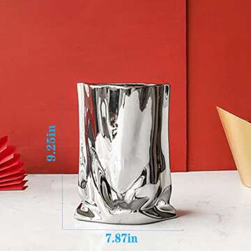 Rustic Ceramic Flower Vase, Large Vintage Blue Vase, Handmade Distressed Farmhouse Vase, Unique Pottery Clay Vase for Living Room Floor, Bedroom, Bookshelf, Dining Room, Home Decor (Silver)