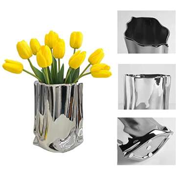 Rustic Ceramic Flower Vase, Large Vintage Blue Vase, Handmade Distressed Farmhouse Vase, Unique Pottery Clay Vase for Living Room Floor, Bedroom, Bookshelf, Dining Room, Home Decor (Silver)