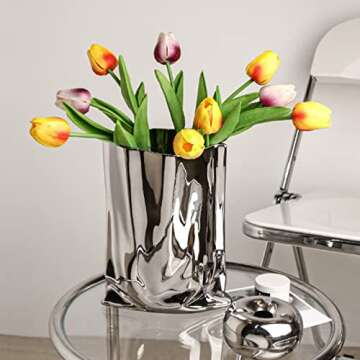 Rustic Ceramic Flower Vase, Large Vintage Blue Vase, Handmade Distressed Farmhouse Vase, Unique Pottery Clay Vase for Living Room Floor, Bedroom, Bookshelf, Dining Room, Home Decor (Silver)