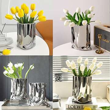 Rustic Ceramic Flower Vase, Large Vintage Blue Vase, Handmade Distressed Farmhouse Vase, Unique Pottery Clay Vase for Living Room Floor, Bedroom, Bookshelf, Dining Room, Home Decor (Silver)