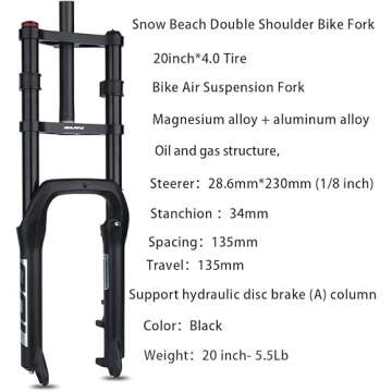 BOLANY 20inch Fat Bike Suspension Fork 135mm Travel
