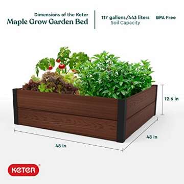 Keter 48" X 48" inches Wood Look Raised Garden Bed, Durable Outdoor Herb Garden Planter for Vegetables, Flowers, and Succulents, Brown