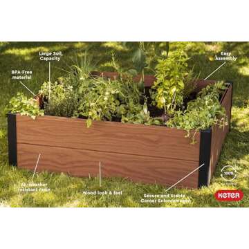 Keter 48" X 48" inches Wood Look Raised Garden Bed, Durable Outdoor Herb Garden Planter for Vegetables, Flowers, and Succulents, Brown