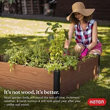 Keter 48" X 48" inches Wood Look Raised Garden Bed, Durable Outdoor Herb Garden Planter for Vegetables, Flowers, and Succulents, Brown