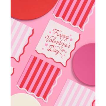 xo, Fetti Happy Valentine's Day Napkins - 3-ply, 24 pcs | Wavy Vday Cocktail Napkins, Pink Galentine...