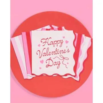 xo, Fetti Happy Valentine's Day Napkins - 3-ply, 24 pcs | Wavy Vday Cocktail Napkins, Pink Galentine's Dinner Party Setting, Heart Theme Decoration, Be Mine Tablescape,