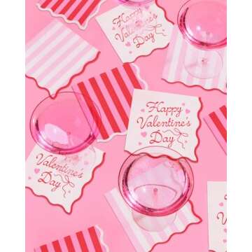 xo, Fetti Happy Valentine's Day Napkins - 3-ply, 24 pcs | Wavy Vday Cocktail Napkins, Pink Galentine's Dinner Party Setting, Heart Theme Decoration, Be Mine Tablescape,