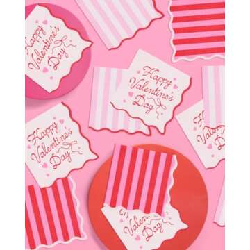 xo, Fetti Happy Valentine's Day Napkins - 3-ply, 24 pcs | Wavy Vday Cocktail Napkins, Pink Galentine's Dinner Party Setting, Heart Theme Decoration, Be Mine Tablescape,