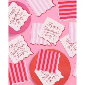 xo, Fetti Happy Valentine's Day Napkins - 3-ply, 24 pcs | Wavy Vday Cocktail Napkins, Pink Galentine's Dinner Party Setting, Heart Theme Decoration, Be Mine Tablescape,