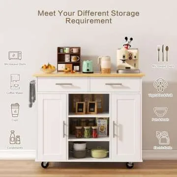 SUNLEI Kitchen Island on Wheels with Storage Cabinet & Drawer, 40" Kitchen Cart Cabinet with Shelves, Cart Handle for Towel Rack or Free Mobility, Portable Islands for Kitchen(White)