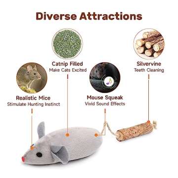 Potaroma Cat Toys 3Pcs Squeak Mice, Interactive Catnip Silvervine Animals Toys for Indoor Kittens, D...
