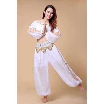 ZLTdream Belly Dance Chiffon Long Sleeves Top and Lantern Coins Pants White