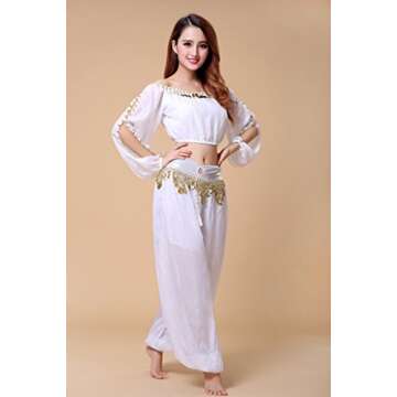 ZLTdream Belly Dance Chiffon Long Sleeves Top and Lantern Coins Pants White