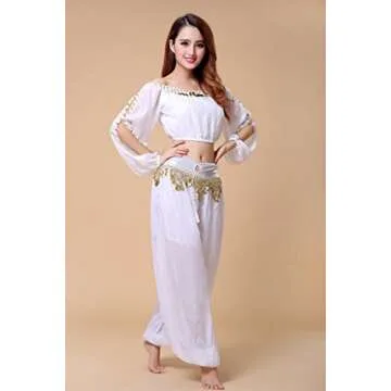 ZLTdream Belly Dance Chiffon Long Sleeves Top and Lantern Coins Pants White