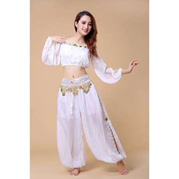 ZLTdream Belly Dance Chiffon Long Sleeves Top and Lantern Coins Pants White