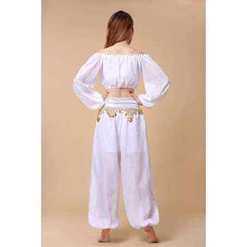 ZLTdream Belly Dance Chiffon Long Sleeves Top and Lantern Coins Pants White