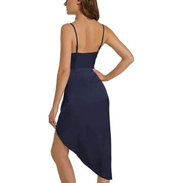 LYANER Women's Satin Ruched Wrap Bodycon Spaghetti Strap Club Party Sexy Midi Dress Dark Blue Small