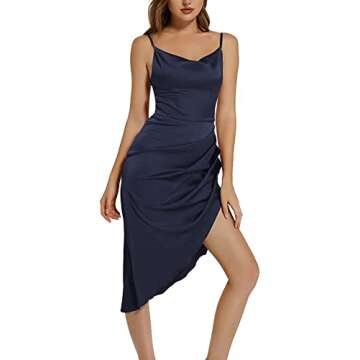 LYANER Women's Satin Ruched Wrap Bodycon Spaghetti Strap Club Party Sexy Midi Dress Dark Blue Small