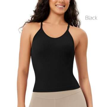 ODODOS Women's 3-Pack Seamless Cami Tops Ribbed Camisole Tank Top, Black Navy Blue, Medium/Large