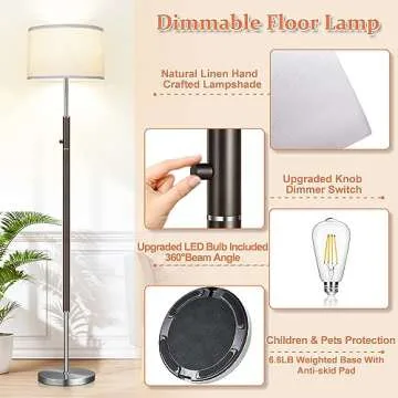 【Upgraded】 Dimmable Floor Lamp, 1000 Lumens LED Bulb Included, Floor Lamps for Living Room Simple Standing Lamp with Linen Lamp Shade, Modern Tall Lamps for Living Room Bedroom Office Dining Room