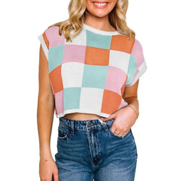 Saodimallsu Women's Trendy Color Block Crop Top Summer Sweater