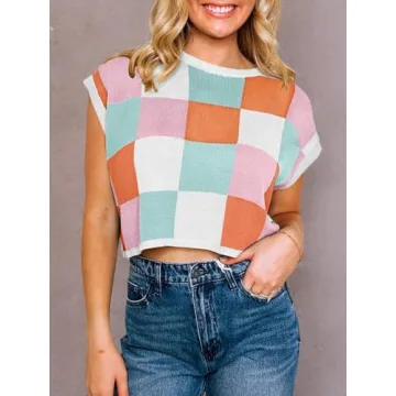 Saodimallsu Women's Trendy Color Block Crop Top Summer Sweater