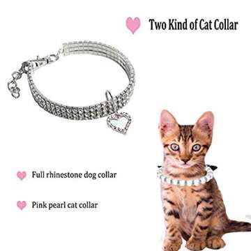 WoYous Rhinestones Dog Collar and Pearl Dog Necklace Set, Adjustable Neck Strap Bling Full Diamond C...
