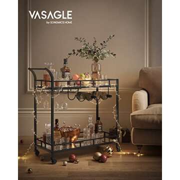VASAGLE Black Bar Cart - Stylish Home Serving Cart with Mirrored Shelves and Wine Holders