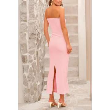 PRETTYGARDEN Women's Summer Bodycon Long Dresses Strapless Tube Twist Knot Front Ribbed Knit Elegant Maxi Dress with Slit (Pink,Small)