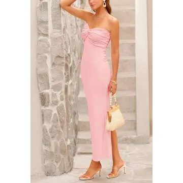 PRETTYGARDEN Women's Summer Bodycon Long Dresses Strapless Tube Twist Knot Front Ribbed Knit Elegant Maxi Dress with Slit (Pink,Small)