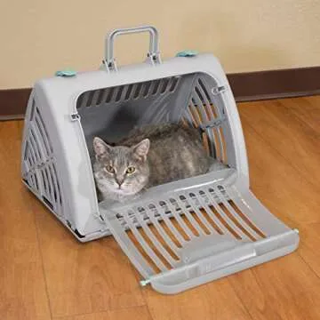 SportPet Designs Sport Pet Foldable Travel Cat Carrier with A Waterproof Bed - Front Door Plastic Collapsible Carrier, Gray (CM-10064-CS01)