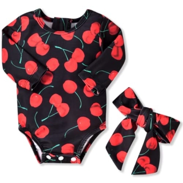 Aalizzwell Toddler Baby Girls One Piece Long Sleeve Swimsuit Cherry Bathing Suit Swimwear Beach Wear...