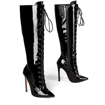 Eldof Women's Knee-High Boots Lace Up High Heeled Stiletto Sexy Boot Black-Patent US7