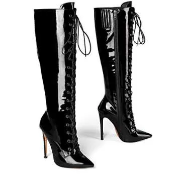 Eldof Women's Knee-High Boots Lace Up High Heeled Stiletto Sexy Boot Black-Patent US7