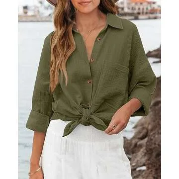NOLLSOM Casual Shirts for Women Long Sleeve Button Down Blouses Fall 2024 Solid Color Trendy Tops wi...